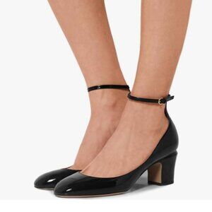 FSJ Black Patent Ankle Strap Mid Heels Dress Pump Round Toe Pumps/Shoes